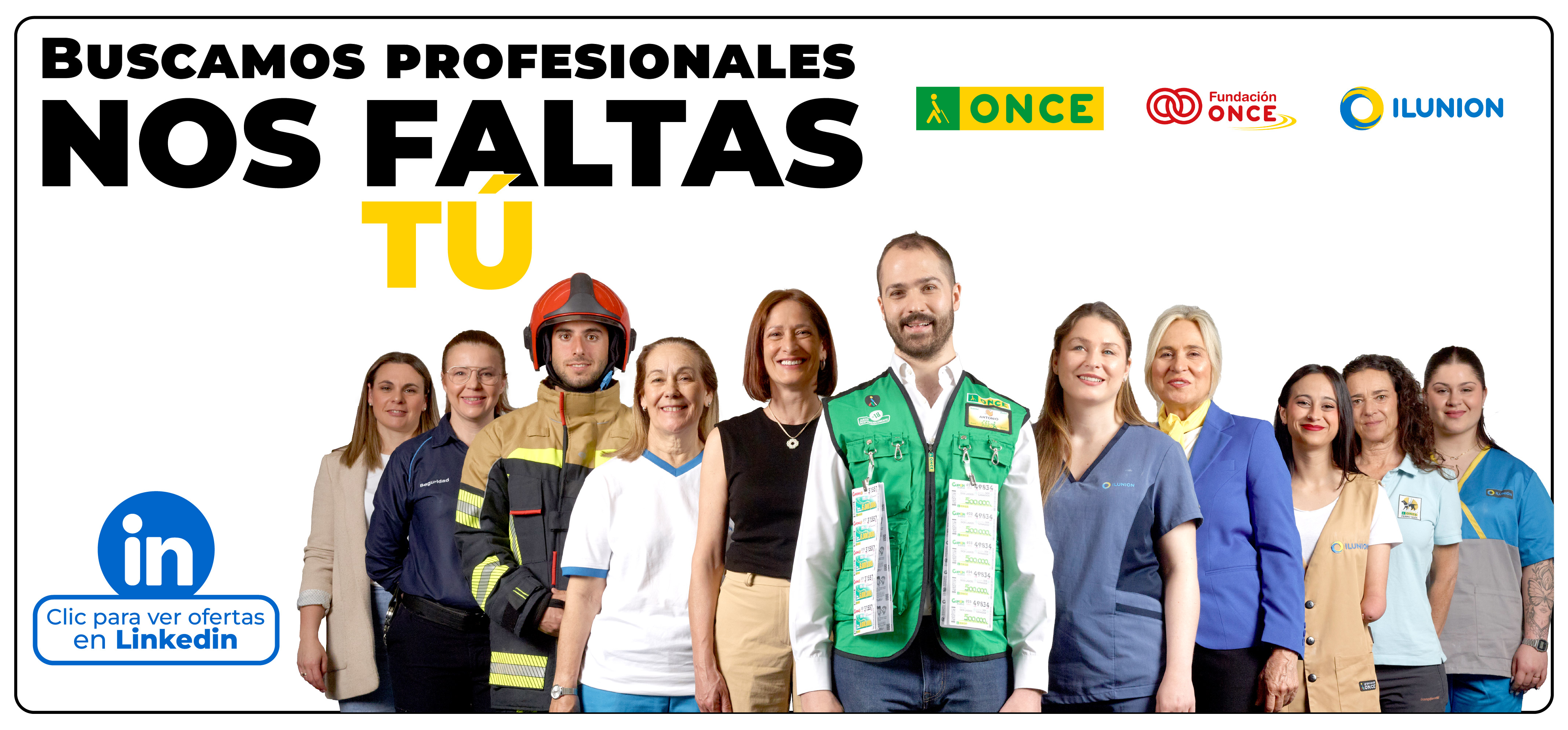 Banner con una foto de profesionales del Grupo Social ONCE. Texto: "Trabaja con propósito. Nos faltas tú." Logo de LinkedIn y "clic para ver ofertas en LinkedIn" (Obre una finestra nova)