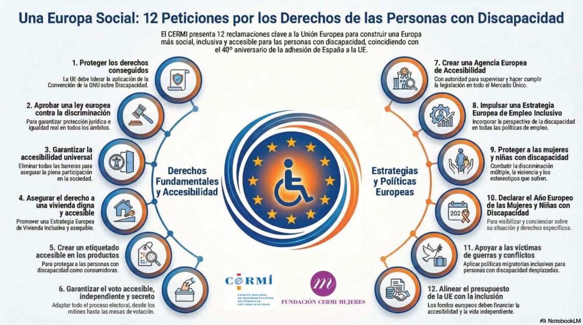 Infografía del manifiesto del 3D 'Una Europa Social: 12-Peticiones por los Derechos de las Personas' elaborado por el CERMI