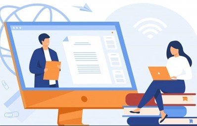 Dibujo combinado de una cursillista sentada con un ordenador portátil y la imagen ampliada de una pantalla de ordenador donde se aprecia un formador.