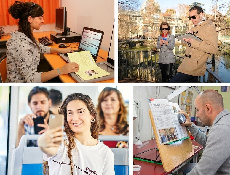 Diversas actividades desarrolladas por personas afiliadas a la ONCE. Arriba una estudiante con un ordenador adaptado, al lado un voluntario junto a una afiliadas. Abajo, a la derecha una joven afiliada utilizando su móvil adaptado, y al lado un joven afiliado utilizando una telelupa para leer una revista.