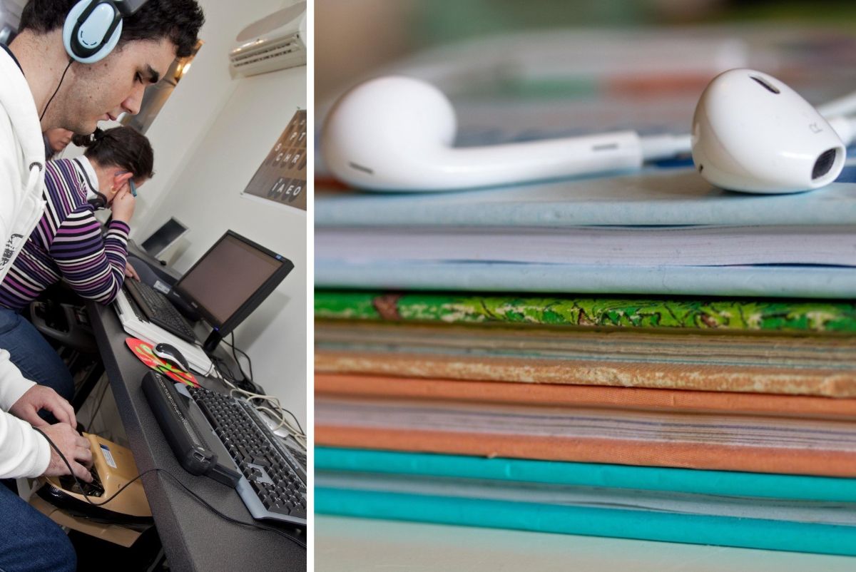 Collage de imágenes, con una foto de un joven afiliado utilizando la BDO, y a la izda. una imagen alusiva a los audiolibros