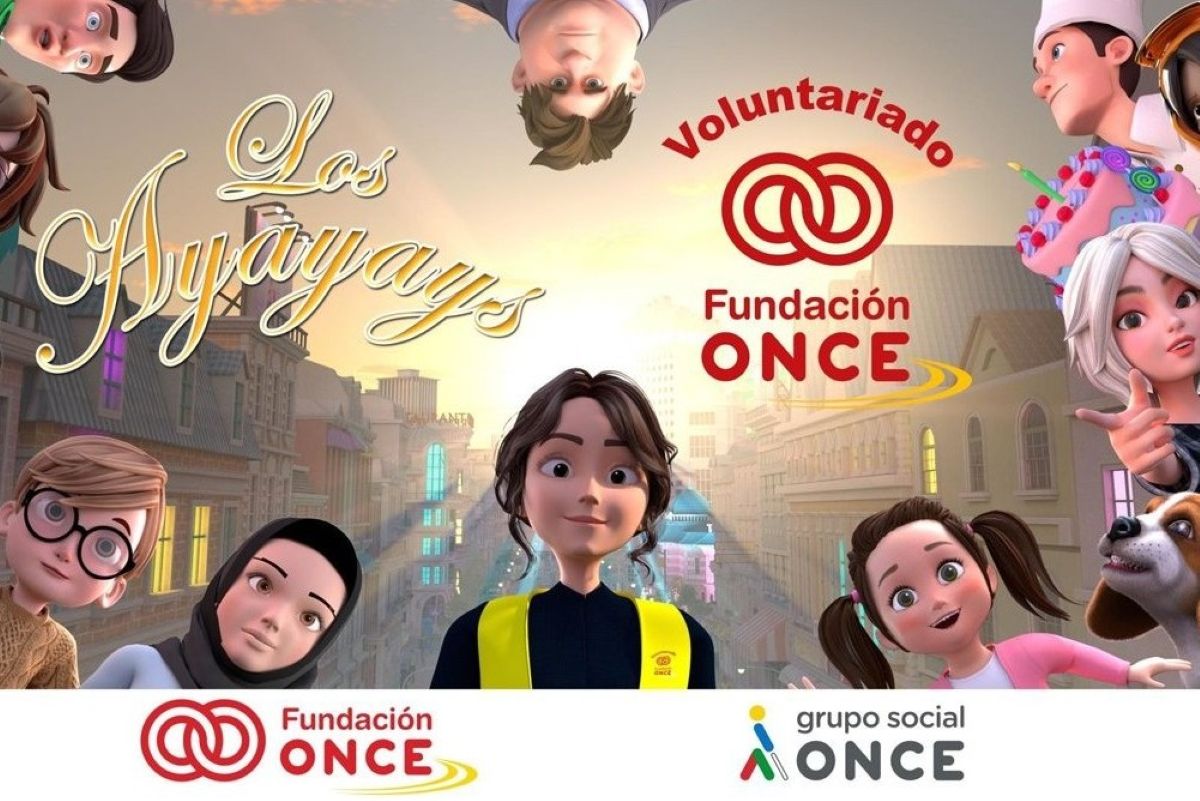 Cartela de entrada del vídeo de Fundación ONCE sobre su voluntariado en la que aparecen todos los personajes