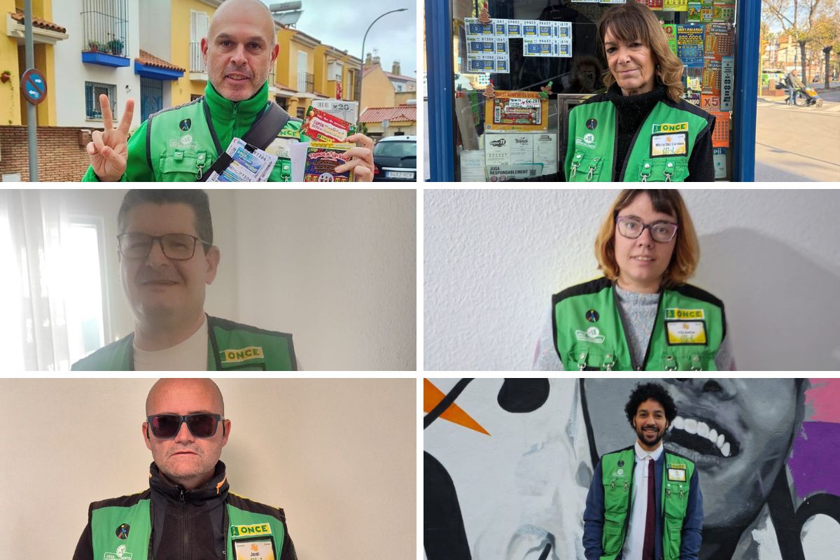 Vendedores de la ONCE que han repartido premios en el sorteo extraordinario de Navidad: Daniel Losada, Maria Carmen Munne, Francisco Javier Gámez, Yolanda Díaz, Jorge Carbonell y Elvis Samuel Cruceta