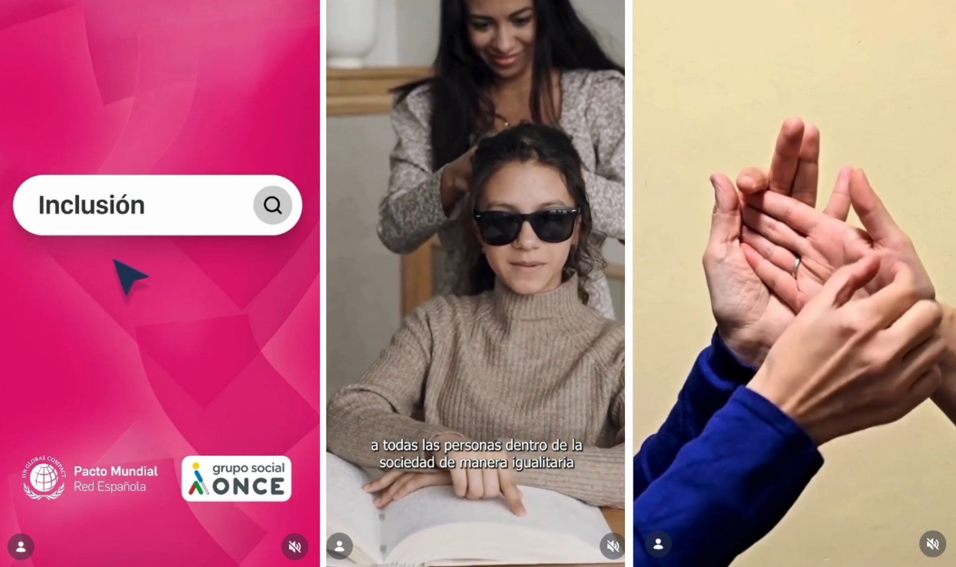 Diversos fotogramas del vídeo “D&Iccionario”. El primero, pantallazo de la palabra Inclusión, el segundo, una joven ciega leyendo en braille, y el tercero, manos realizando lengua de signos