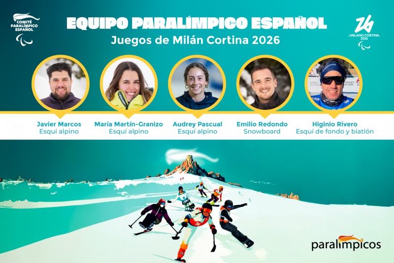 Cartel de los Juegos Paralímpicos de Milán-Cortina con la cara de los cinco deportistas españoles que tomarán parte en los juegos