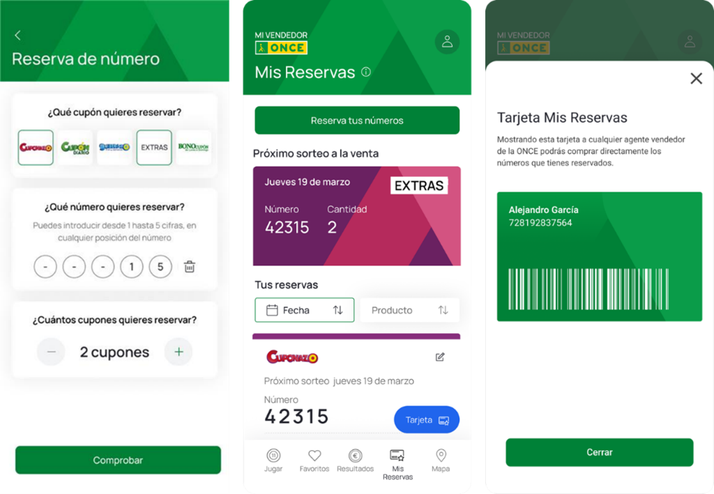 Pantallazos de la sección Mis Reservas en la app Mi Vendedor ONCE
