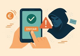 Ilustración acción envío de dinero gestionada por teléfono móvil con símbolo de alerta.