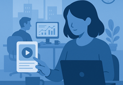 Ilustración persona en oficina mostrando un vídeo en un dispositivo electrónico.