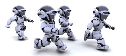 Ilustración de un grupo de cuatro robots caminando en la misma dirección