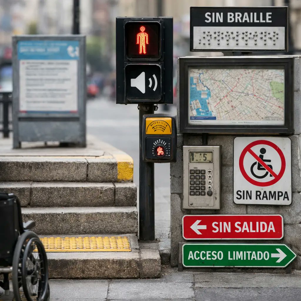 Collage de imágenes de diversas barreras de accesibilidad: escaleras y accesos sin rampa para silla de ruedas y botonadura sin braille, semáforo sin avisador acústico.