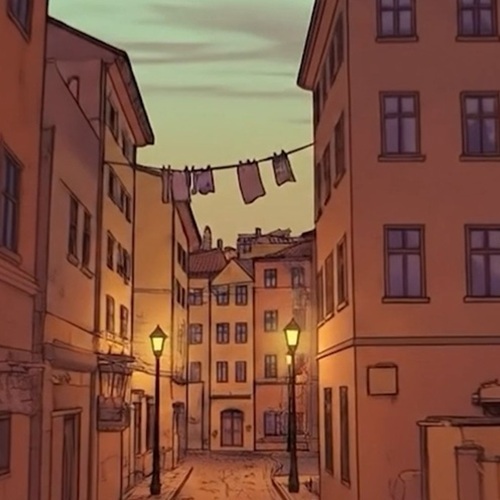 Dibujo de una calle de pueblo con farolas y casas antiguas