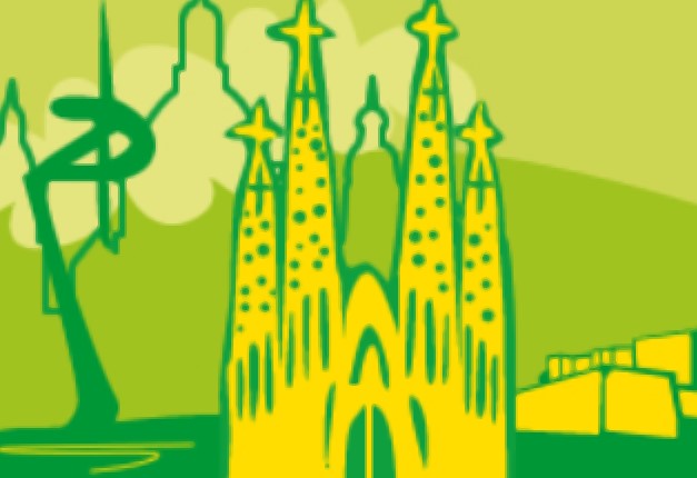 Dibujo de la Sagrada Familia y de Montjuic en tonos verdes y amarillos