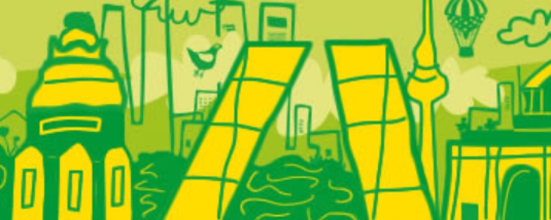 Dibujo de las torres inclinadas de Madrid en tonos verdes y amarillos