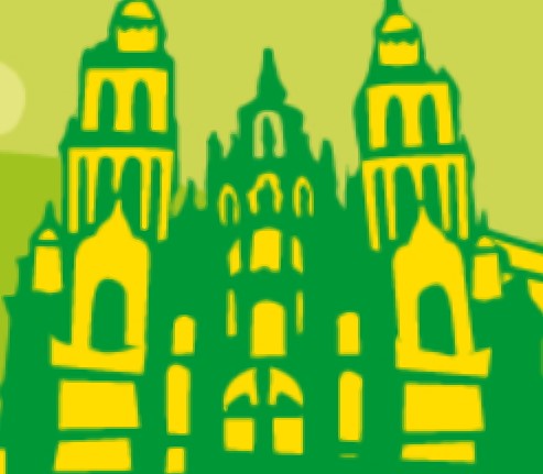 Dibujo de la catedral de Santiago de Compostela en tonos amarillos y verdes