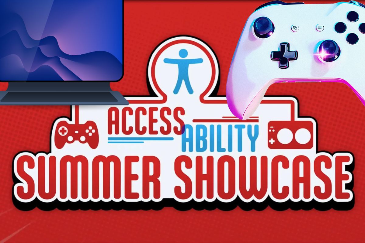 Logo del Access Ability Summer Showcase 2026 con fondo rojo y un mando de consola y un ordenador portátil asomando por las esquinas. 