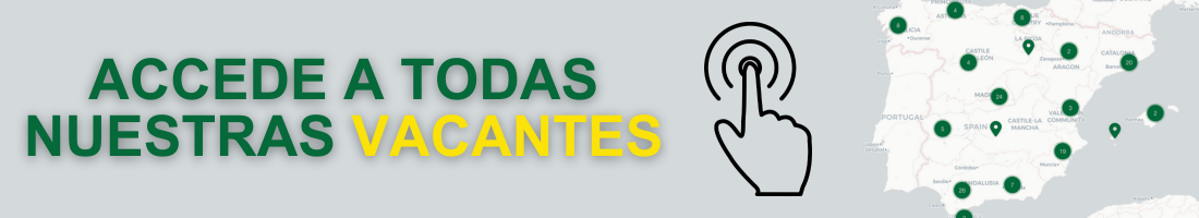 Botón de "accede a todas nuestras vacantes" con letras verdes y amarillas, un mapa de España con numeros de plazas en distintas Comunidades Autónomas y una mano símbolo de clic.