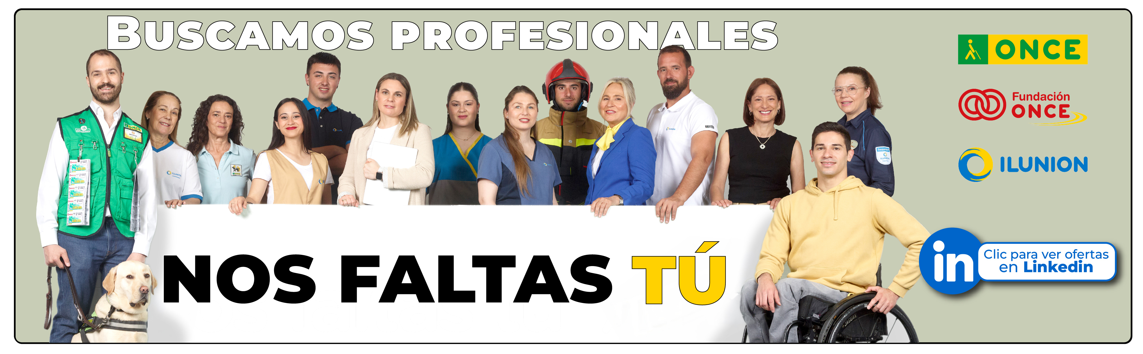 Banner con una foto de profesionales del Grupo Social ONCE. Texto: "Trabaja con propósito. Nos faltas tú." Logo de LinkedIn y "clic para ver ofertas en LinkedIn" (Abrir en nova ventá)