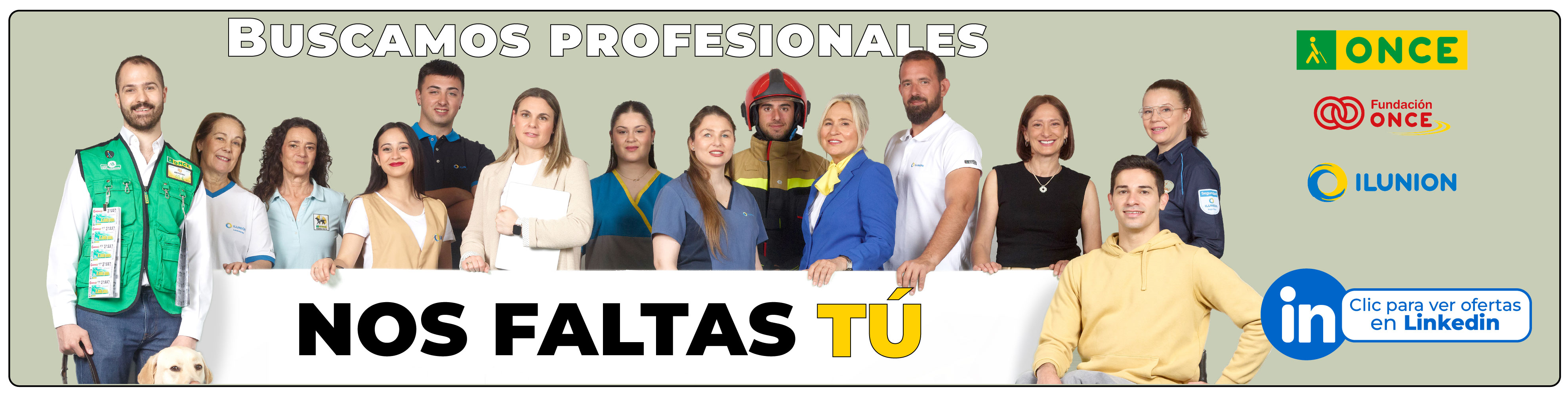 Banner con una foto de profesionales del Grupo Social ONCE. Texto: "Trabaja con propósito. Nos faltas tú." Logo de LinkedIn y "clic para ver ofertas en LinkedIn" (Obre una finestra nova)