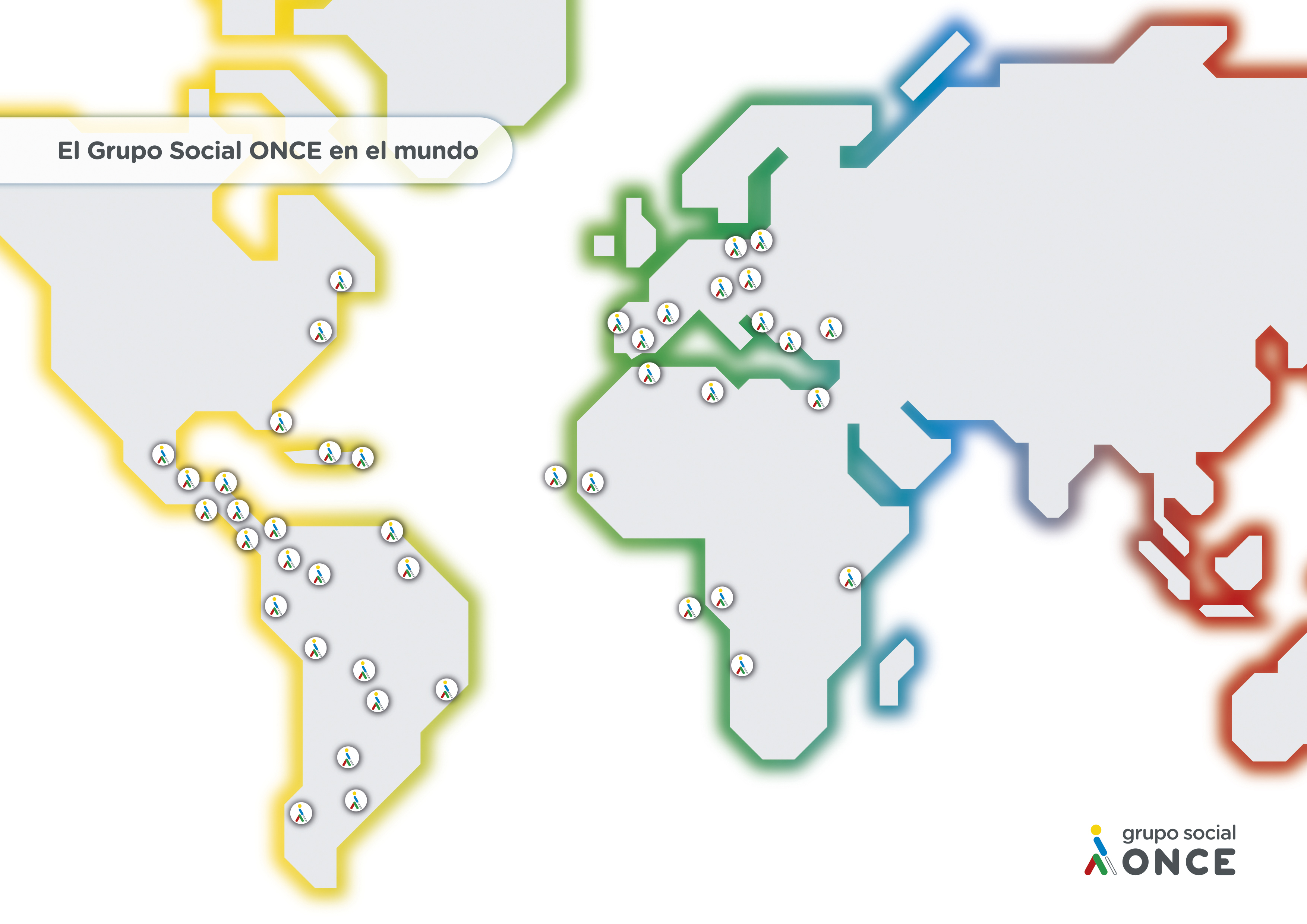 Un mapa del mundo con pequeños logos del Grupo Social ONCE donde este actúa, especialmente casi todos los países de Europa, África, América latina y América del norte.