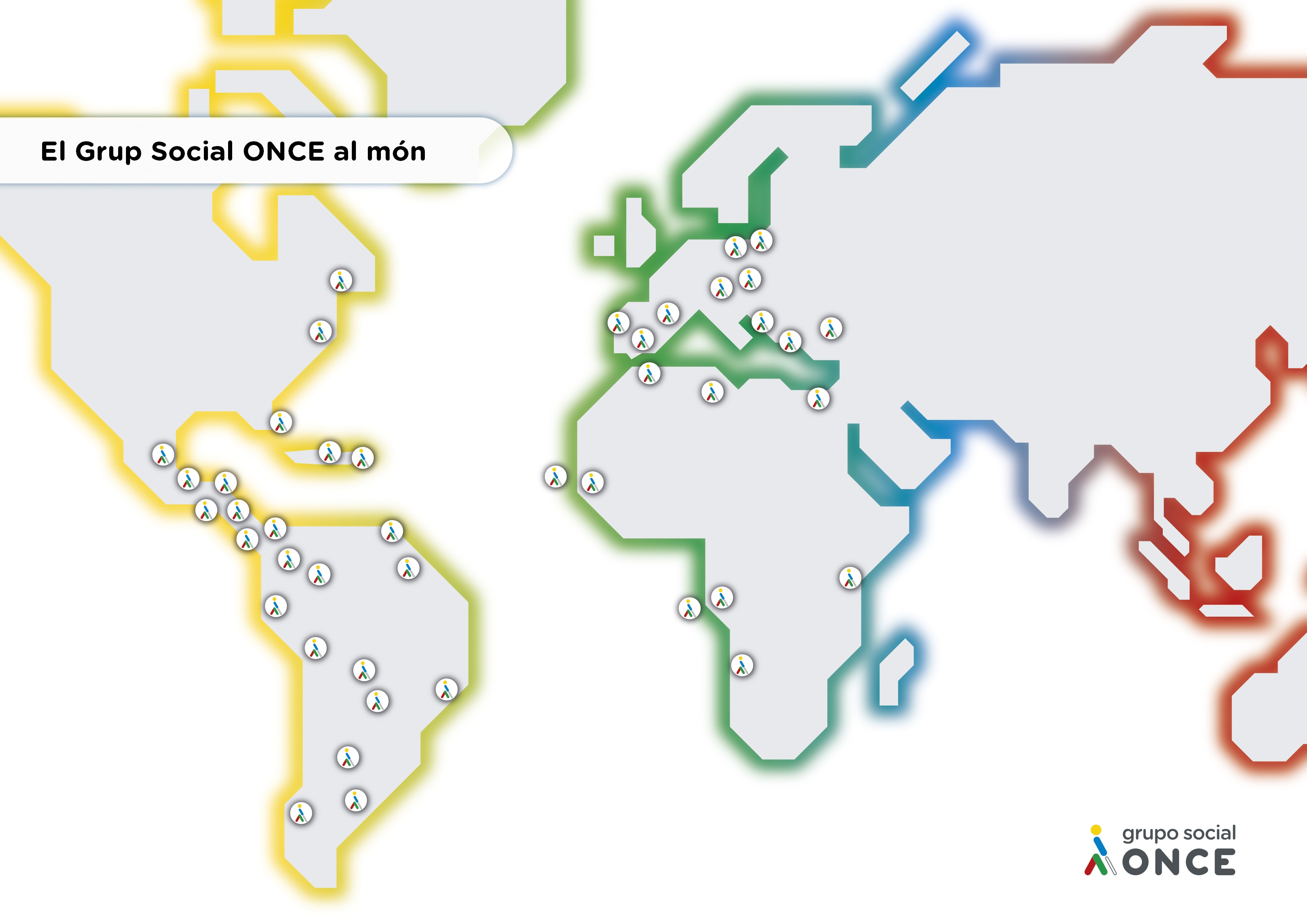 Un mapa del mundo con pequeños logos del Grupo Social ONCE donde este actúa, especialmente casi todos los países de Europa, África, América latina y América del norte.