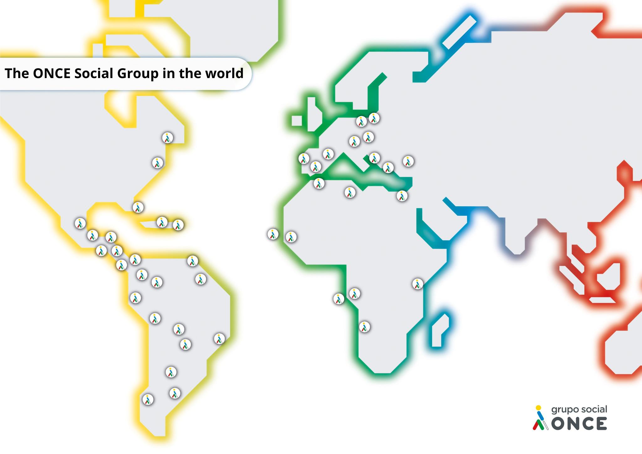 Un mapa del mundo con pequeños logos del Grupo Social ONCE donde este actúa, especialmente casi todos los países de Europa, África, América latina y América del norte.