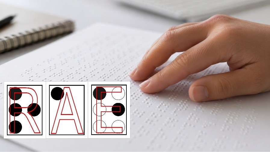 Las siglas RAE en braille sobre el fondo de una mano leyendo en braille