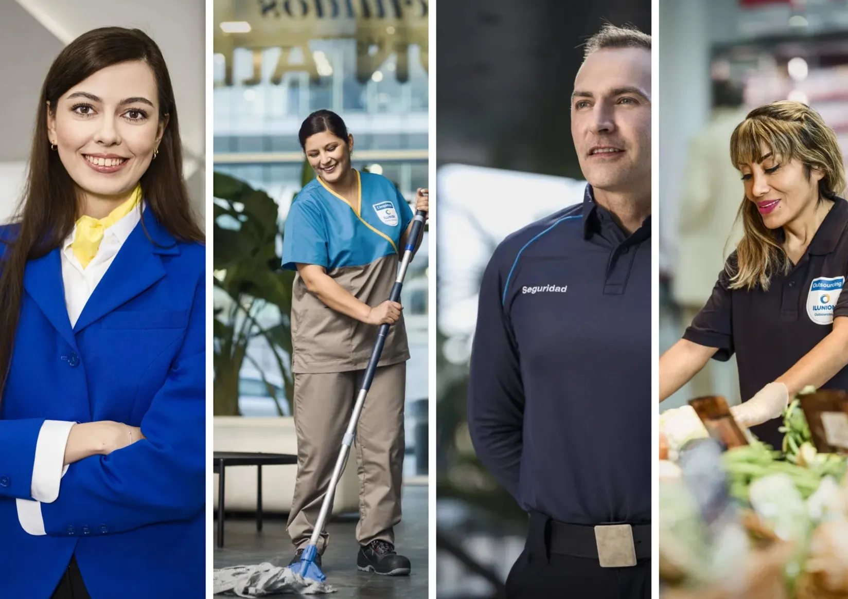 Collage de imágenes de profesionales de ILUNION en distintos sectores: recepcionista, limpieza, seguridad y asistente