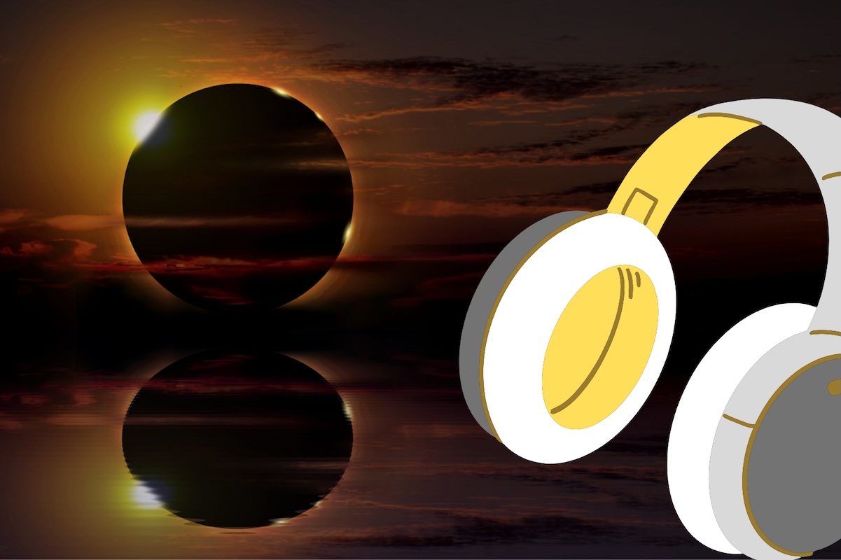 Eclipse y un dibujo de unos auriculares grises y amarillos en primer plano