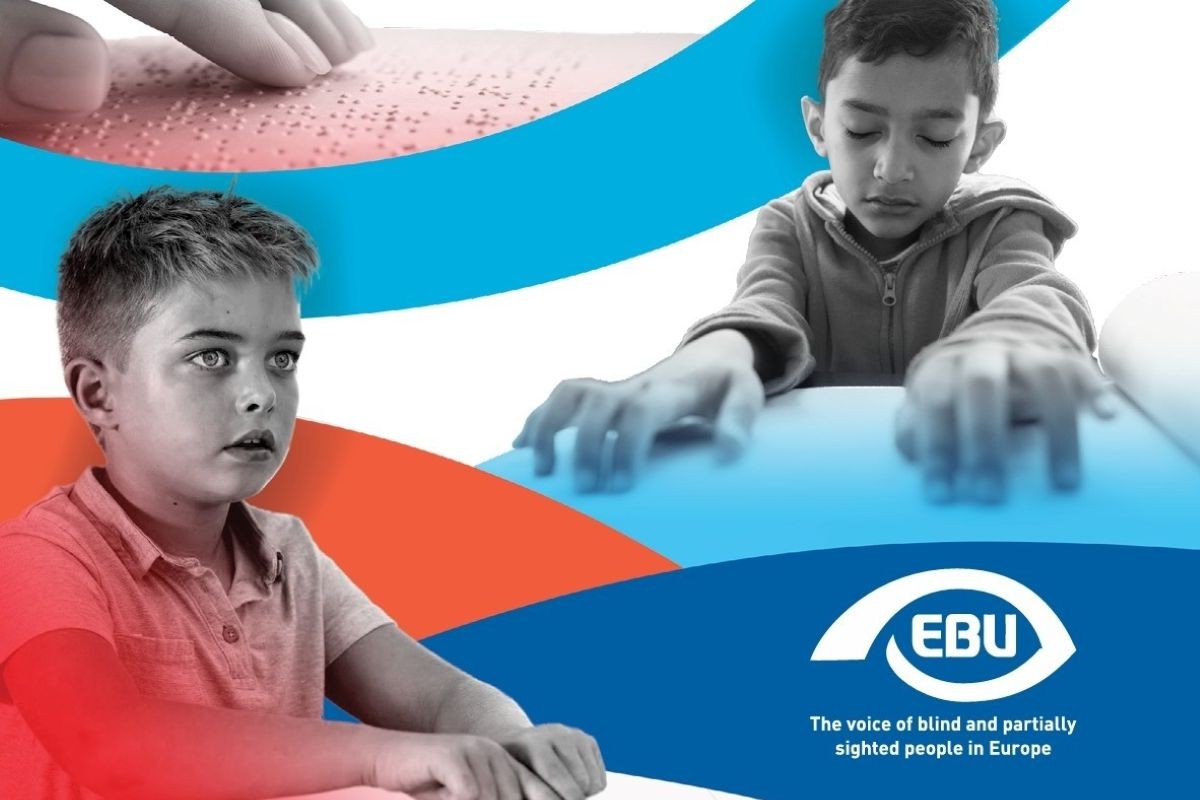 Portada de la memoria anual 2025 de la EBU, con la imagen de dos niños leyendo braille