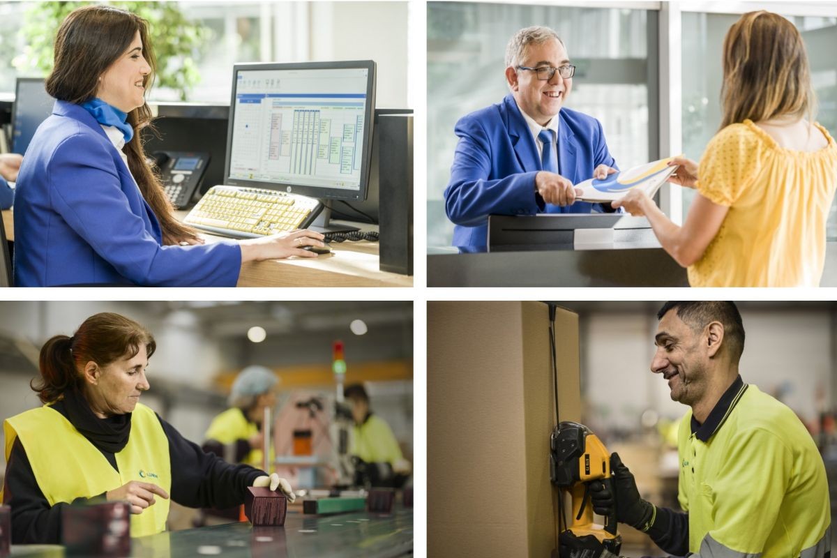 Collage de imágenes de diversos trabajadores de Ilunion Facility Services