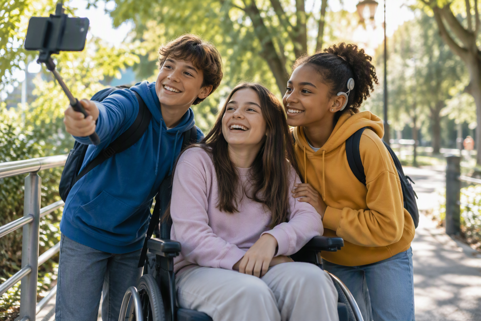 Tres adolescentes haciéndose un selfie, una de ellas con discapacidad en silla de ruedas. Imagen creada con inteligencia artificial