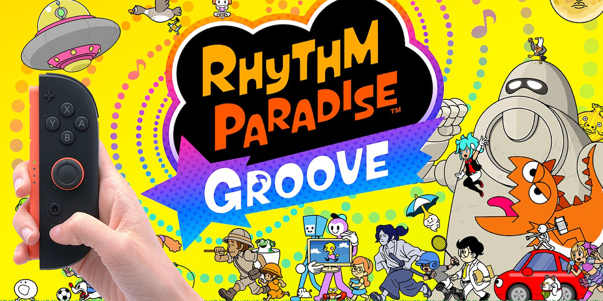 Portada del videojuego Rythm Paradise Groove con varios dibujos de muñecos sobre fondo amarillo y a la derecha una mano sujetando un mando de Switch 2.
