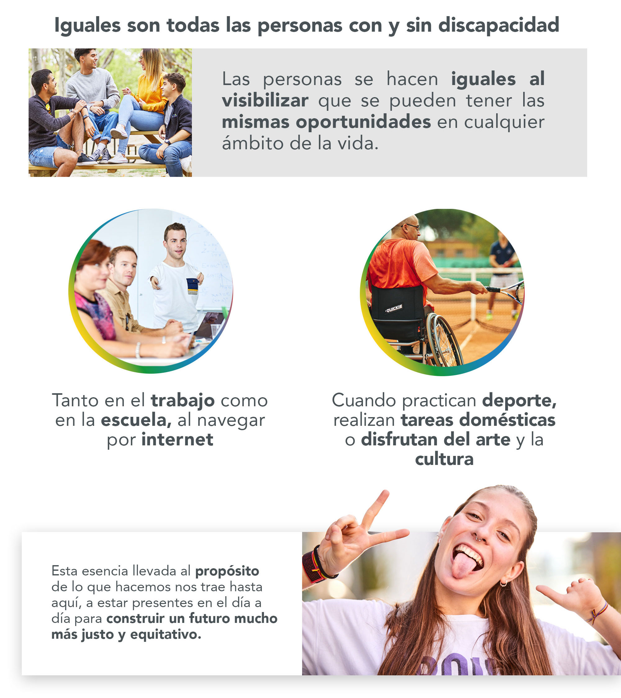 Iguales son todas las personas con y sin discapacidad. Las personas se hacen iguales al visibilizar que se pueden tener las mismas oportunidades en cualquier ámbito de la vida. Tanto en el trabajo como en la escuela, como al navegar por internet. Cuando practican deporte, realizan tareas domésticas o disfrutan del arte y la cultura. Esta esencia llevada al propósito de lo que hacemos nos trae hasta aquí, a estar presentes en el día a día para construir un futuro mucho más justo y equitativo.