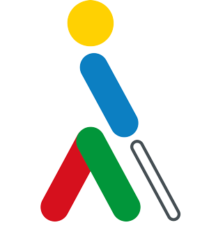 Isotipo del Grupo Social ONCE: Oncelio con cabeza amarilla, brazo azul, pierna delantera verde y pierna trasera roja. Y bastón blanco.