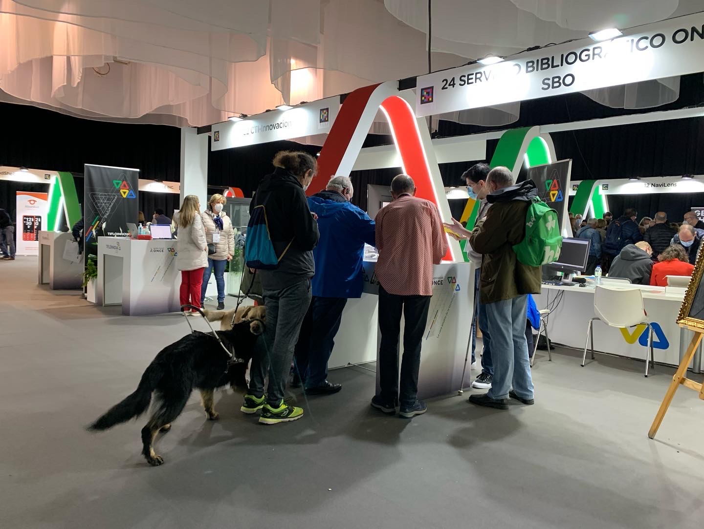 Un grupo de unas 20 personas hablando delante de uno de los stands de Tifloinnova 2022, con perros guías y bastones