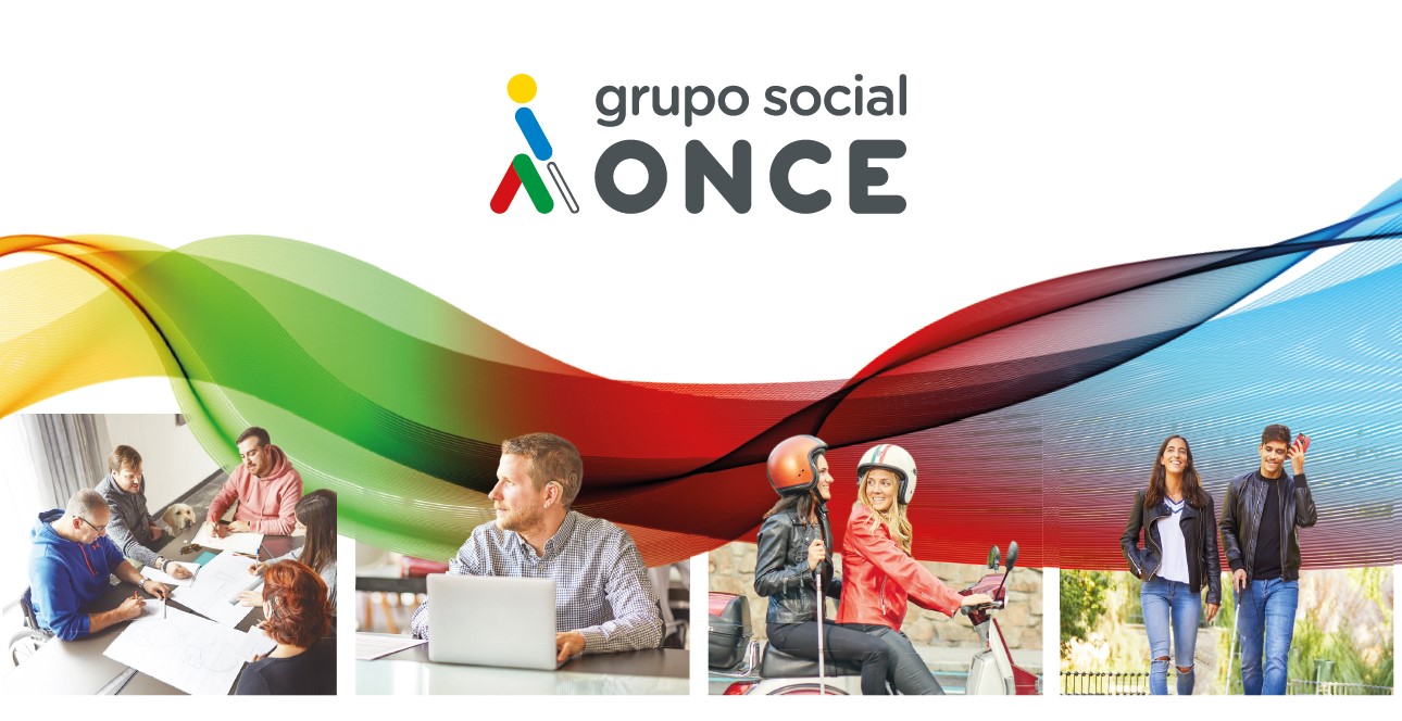 Un grupo de personas trabajando sobre fondo de colores y encima logo de Grupo Social ONCE