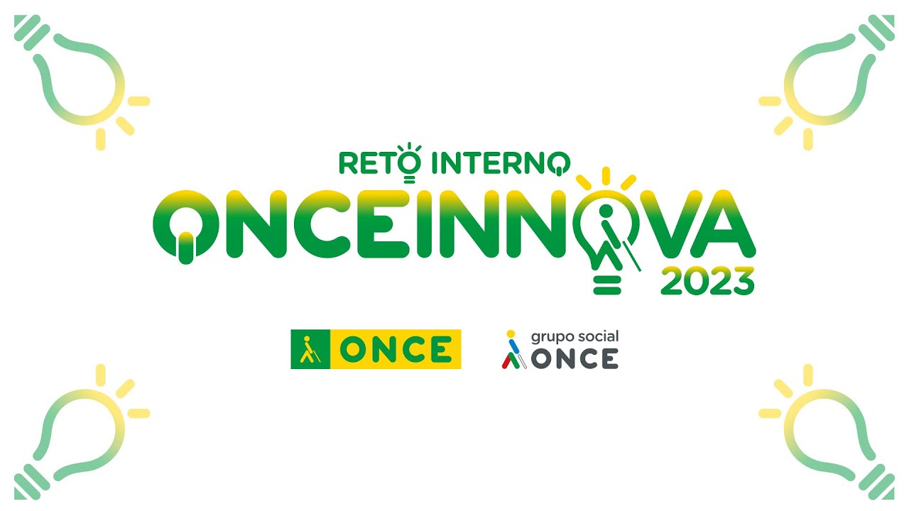 Logo de Reto Interno ONCE Innova 2023 en verde y amarillo con unas bombillas en las esquinas