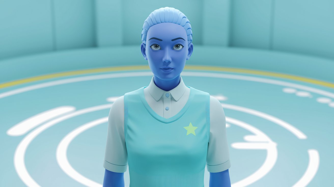 Representación 3D de una inteligencia artificial femenina con piel azul claro y cabello blanco. Lleva una camisa blanca y un chaleco azul claro. Tiene una estrella amarilla en el pecho. El fondo es una habitación azul claro con patrones circulares blancos y amarillos en el piso.