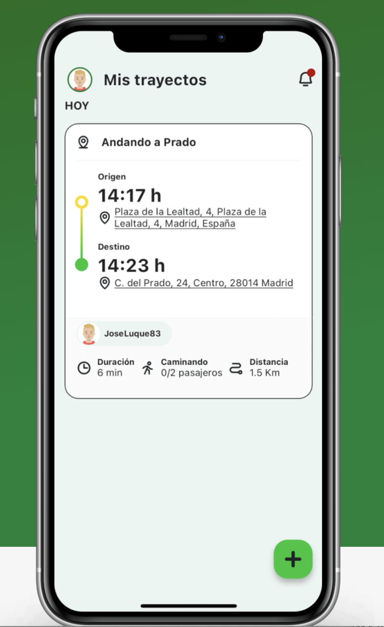 Se muestra la interfaz de una aplicación móvil llamada ONWAY, centrada en la gestión de trayectos. El diseño es limpio, con fondo claro y detalles en verde.