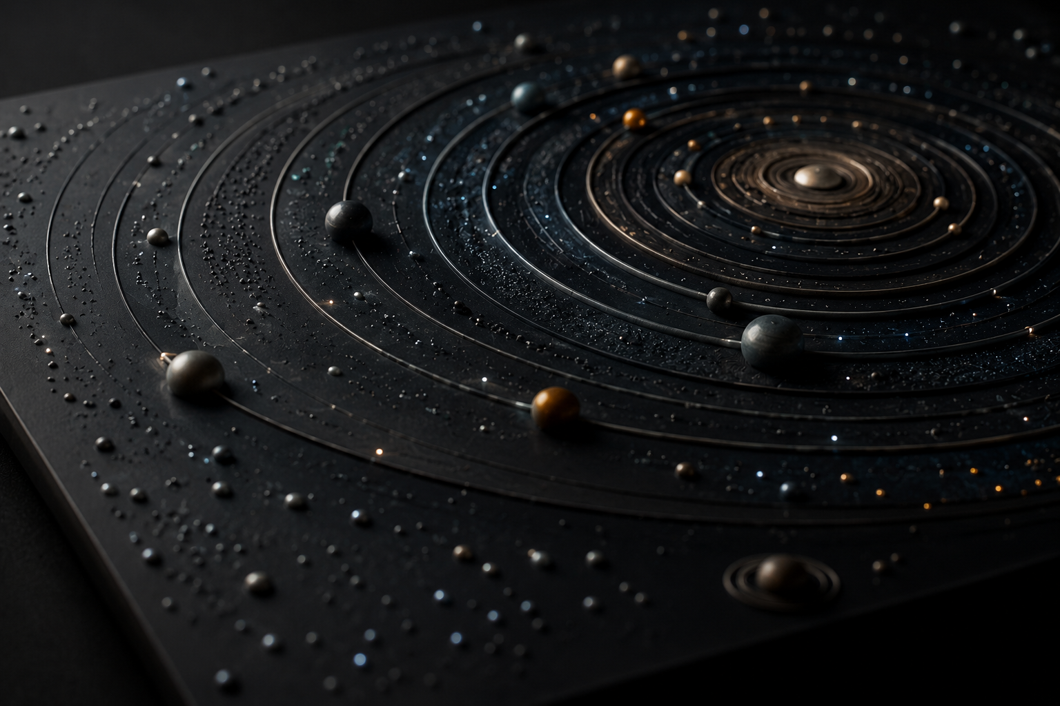 En primer plano aparece una superficie oscura sobre la que se dibuja un sistema de órbitas concéntricas en relieve. A lo largo de esas trayectorias se distribuyen esferas de diferentes tamaños que evocan planetas, lunas o cuerpos celestes. La composición recuerda a una maqueta astronómica táctil diseñada para ser explorada con las manos más que con la vista.
