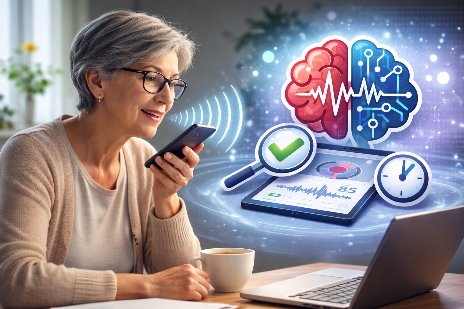 La imagen muestra a una mujer de unos 60 años, con el pelo corto y canoso y gafas, sentada en una mesa en un entorno doméstico luminoso y tranquilo. Sostiene su teléfono móvil cerca de la boca mientras habla, con una expresión relajada y natural. Sobre la mesa hay una taza de café y un ordenador portátil abierto, lo que transmite una escena cotidiana y accesible. A su alrededor aparecen elementos visuales que representan el análisis digital de la voz: ondas sonoras que salen del móvil, un cerebro dividido en dos hemisferios, uno más orgánico y otro con circuitos tecnológicos, y una pantalla tipo tablet con gráficos y datos.