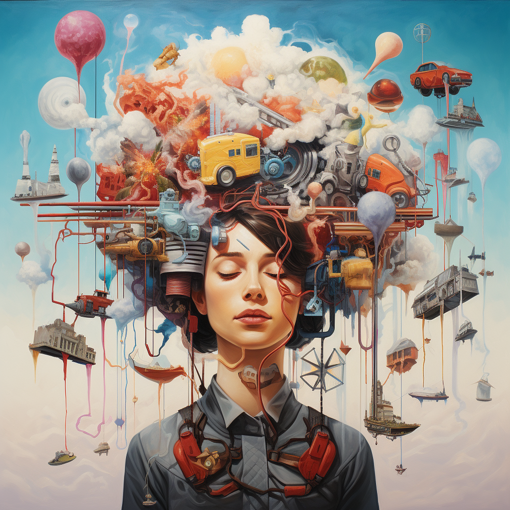 Imagen generada por Inteligencia Artificial. Mujer con un mundo a modo de nube gigante en su cabeza de donde salen desde imágenes de vehículos, edificios, ciudades, planetas...todo mezclado, como un símil de ideas e innovación.
