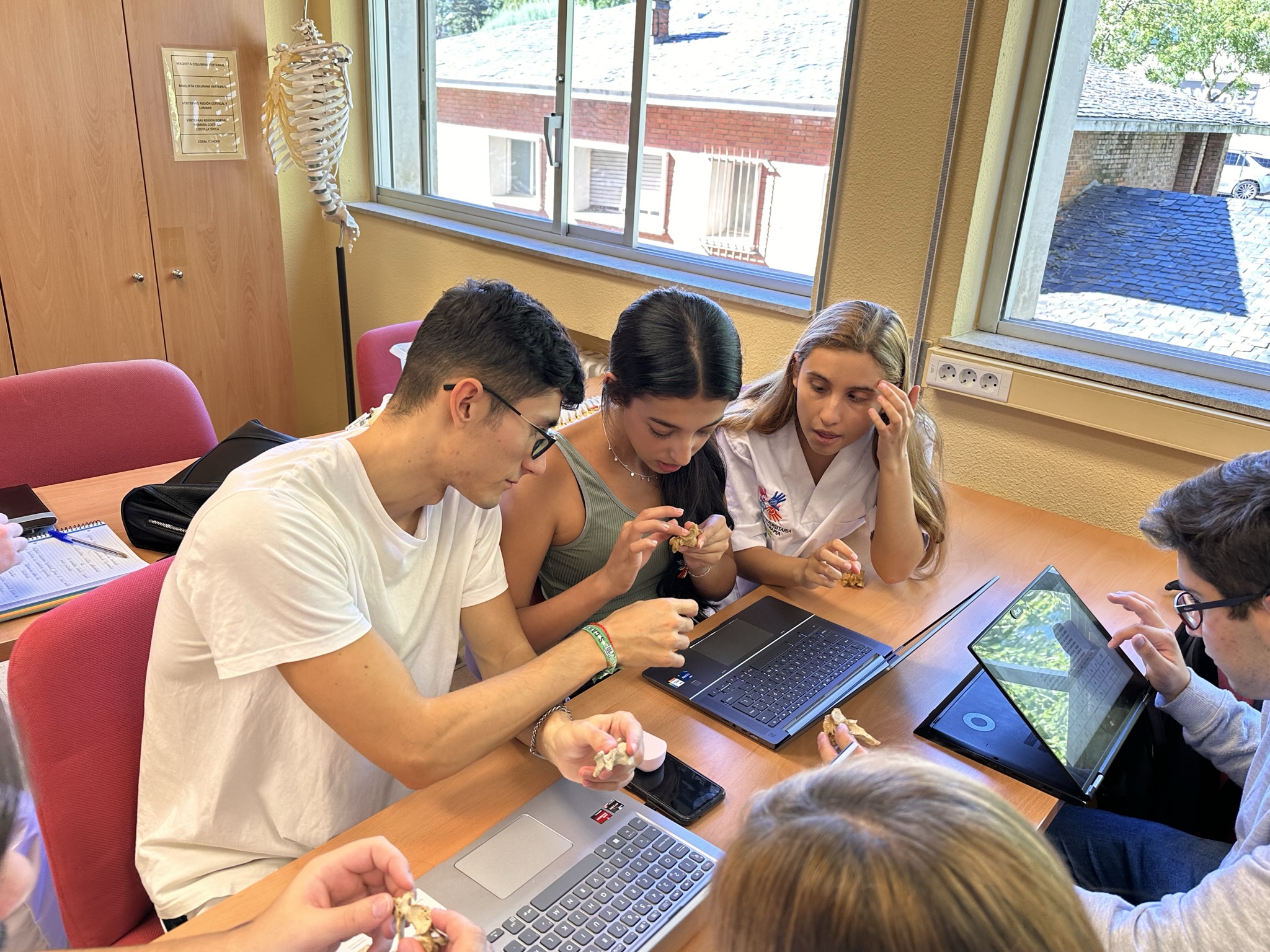 Grupo de jóvenes estudiantes de la Escuela Universitaria de fisioterapia de ONCE sentados alrededor de una mesa con tablets y ordenadores tocando huesos de la columna vertebral. Hay una chica con bata blanca y con el logo de la escuela, sentada con ellos. 