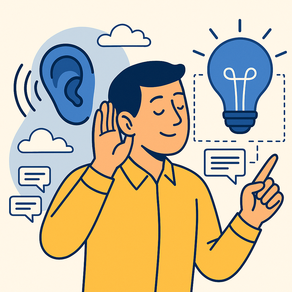 ilustración digital en estilo flat (plano) y colores suaves que transmite el concepto de escucha activa e innovación. En el centro aparece un personaje masculino con una expresión serena, vestido con una camisa amarilla, que tiene una mano cerca del oído en actitud de escuchar. A su izquierda, se representa una oreja de gran tamaño de la que emanan ondas sonoras, simbolizando la recepción de ideas o comentarios. A su derecha, el personaje señala hacia una bombilla encendida, que representa la generación de ideas o soluciones. Alrededor, flotan elementos como nubes y burbujas de diálogo, sugiriendo un entorno colaborativo y de conversación.