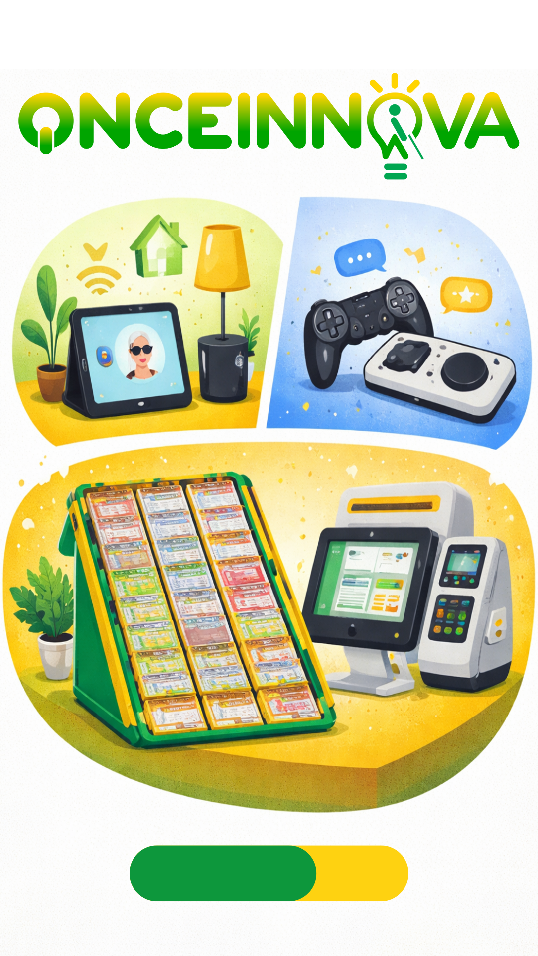 La imagen muestra una ilustración de tres proyectos piloto de ONCE Innova: ONCE en casa, con asistentes de voz para conectar con personas afiliadas desde sus hogares; ONCE Game Club, que promueve el ocio inclusivo con videojuegos accesibles; y el Proyecto Expositores, que rediseña el expositor de cupones con propuestas de los propios vendedores. Todo en un estilo visual moderno y colorido, acompañado del logotipo de ONCE Innova.