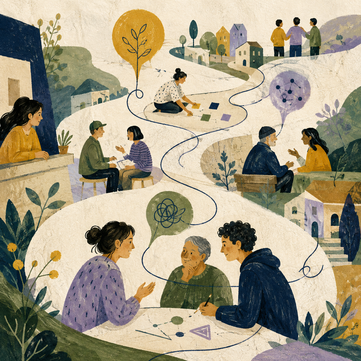Ilustración de estilo artesanal con textura de papel, en la que varias personas conversan en distintos espacios conectados por un camino sinuoso y una línea azul que recorre toda la escena. Aparecen pequeños grupos dialogando, una persona organizando ideas en el suelo, casas, plantas y globos de pensamiento con símbolos de creatividad y conexión.
