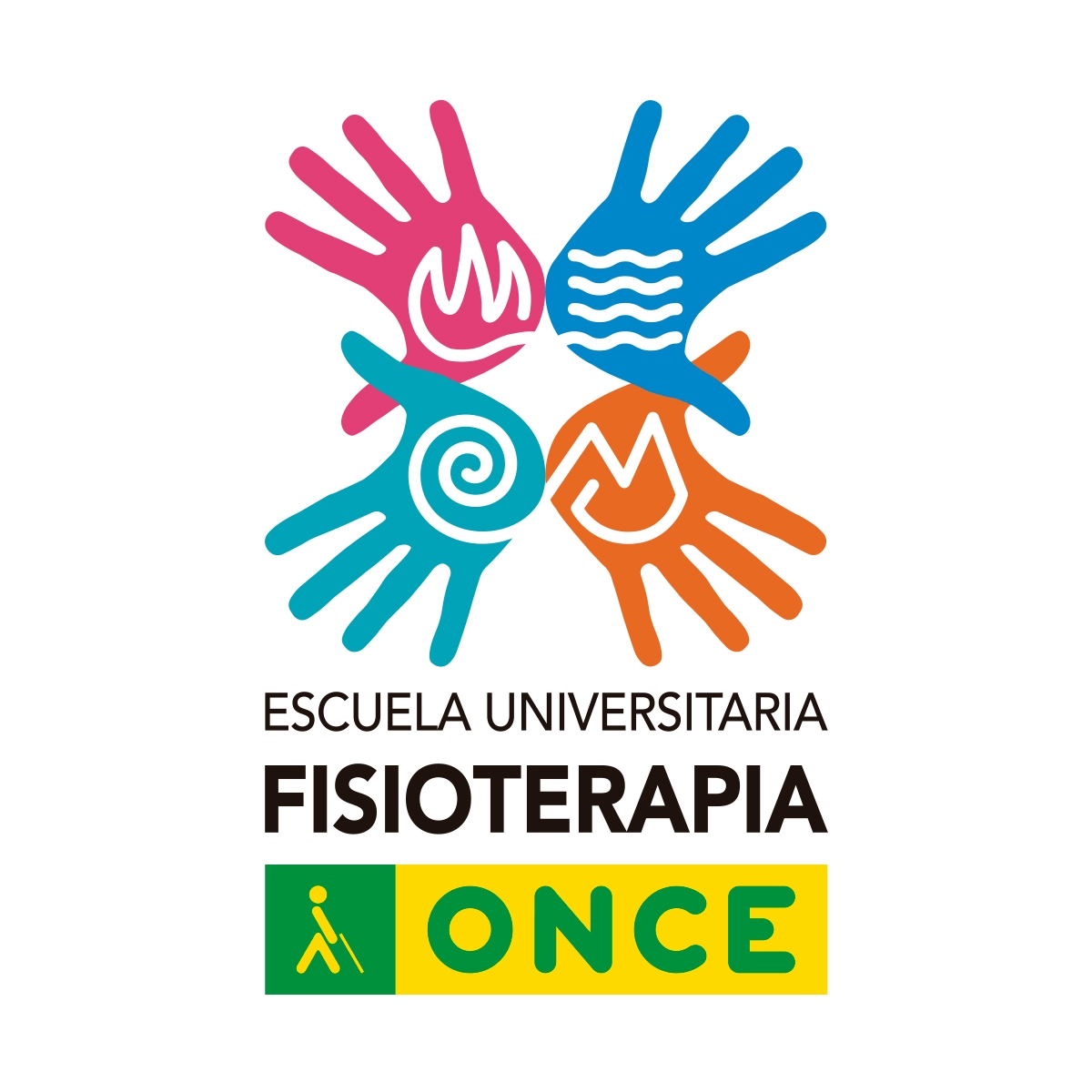 Logo de la escuela de Fisioterapia de ONCE. Ilustración de 4 manos, cada una de un color, rosa, azul, verde y naranja con el texto ESCUELA UNIVERSITARIA DE FISIOTERAPIA y el logo de ONCE