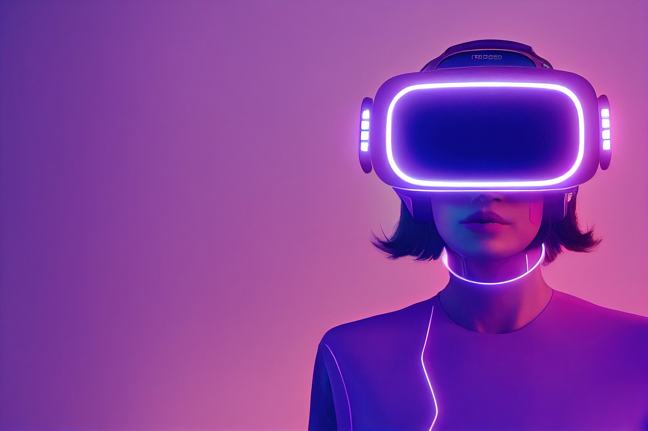 Una chica con un casco de realidad virtual en una habitación iluminada en tonos púrpura