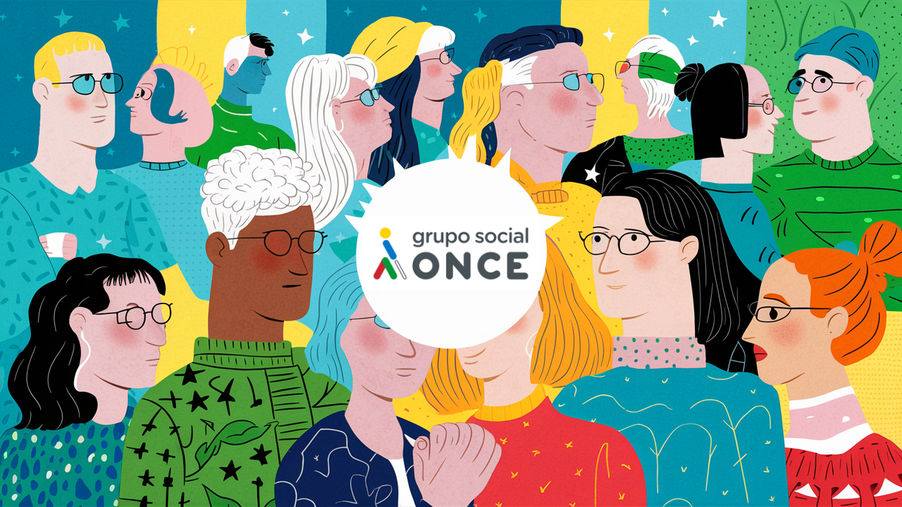Ilustración colorida donde salen varias personas dibujadas con variedad en los peinados y colores de cabello En el centro, hay un círculo blanco que contiene el logotipo de Grupo Social ONCE