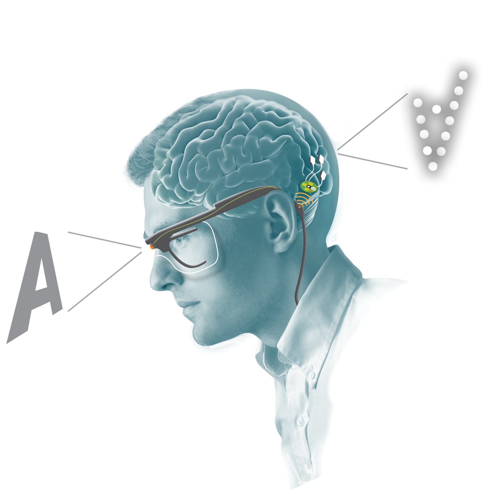 Ilustración de una cabeza de un hombre de perfil con las gafas de retina artificial puestas, conectadas a unos microimplantes cerebrales. En la parte delantera de la imagen sale la letra A y en la parte de atrás de la imagen del hombre sale la detección de esa misma letra A volteada y con puntos, a modo de interpretación cerebral